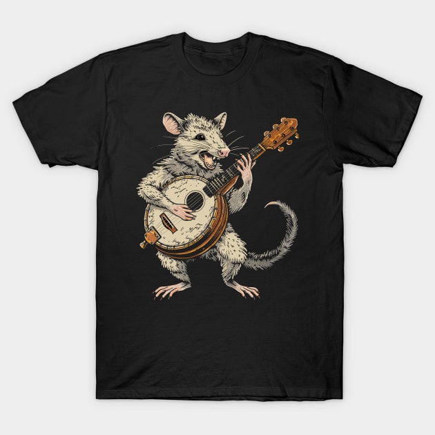 Funny Possum Opossum playing the banjo Weird Trash Kitty Guitar Possum Love Animal T-Shirt by RetroZin